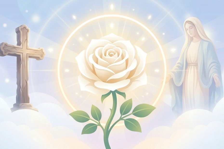 Premier jour : La rose symbole de la pureté de Marie - une grande rose blanche stylisée sans épines irradiant une douce lumière au-dessus d'un halo